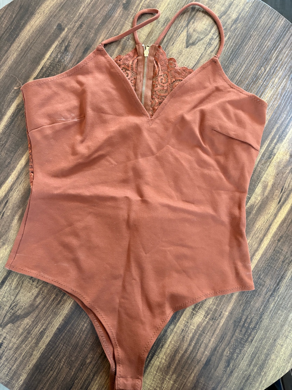 Rust Lace-Trim Spaghetti Strap Bodysuit
